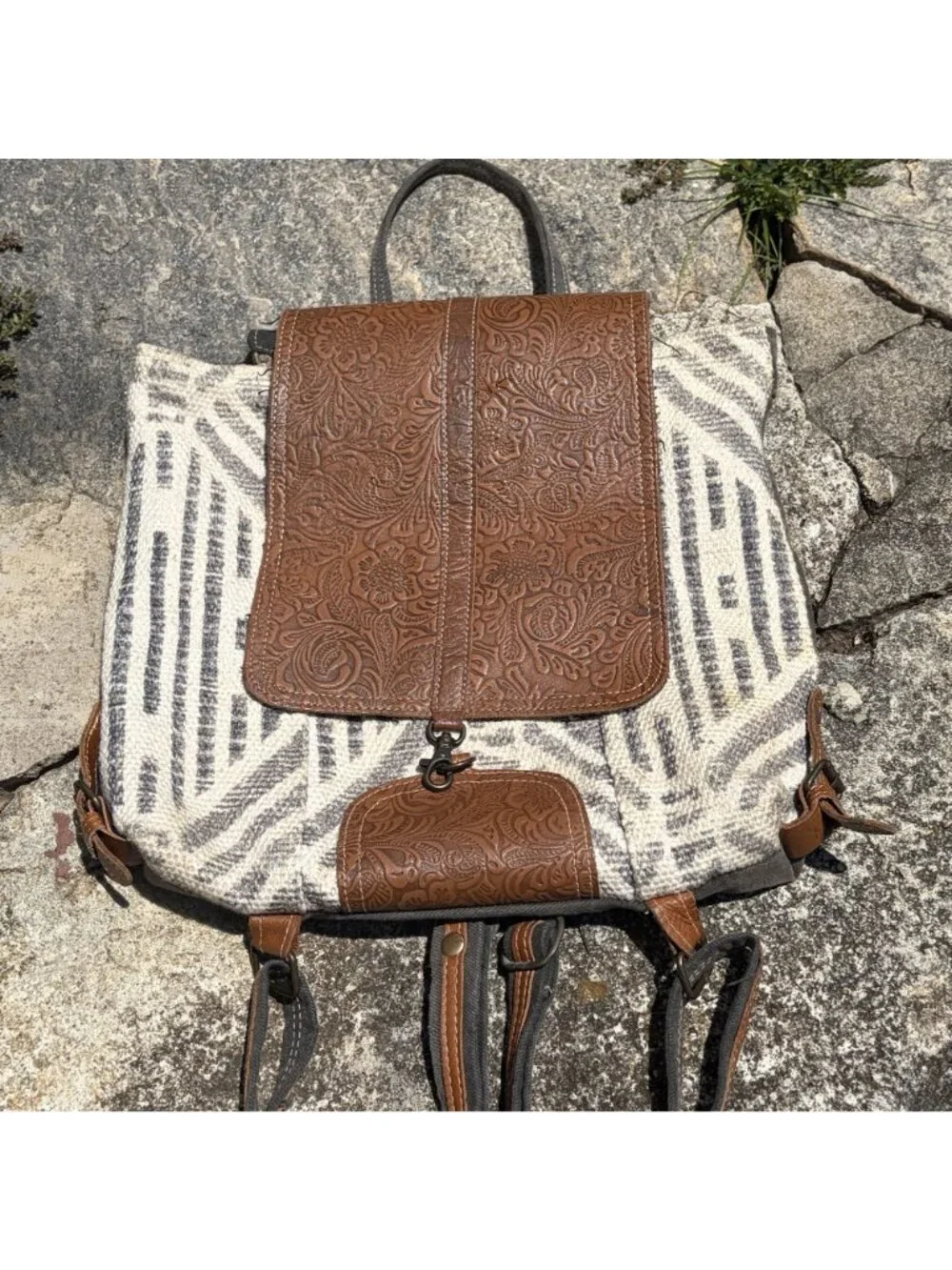 Myra Bag Embossed Leather Canvas Backpack Boho Western Southwestern Rustic Indie